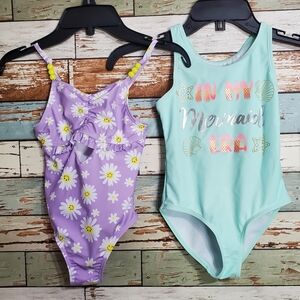 Derek Heart Lavender Daisy Girls' One-Piece Swimsuit Mermaid Swimwear Size 5